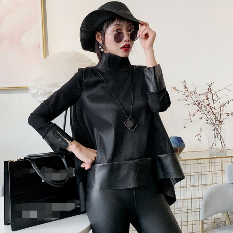 2023 kurtka z prawdziwej skóry z szyfonu i krótkim płaszczem damska w stylu Streetwear jesienna czarna luźny krój z owczej skóry z długim rękawem