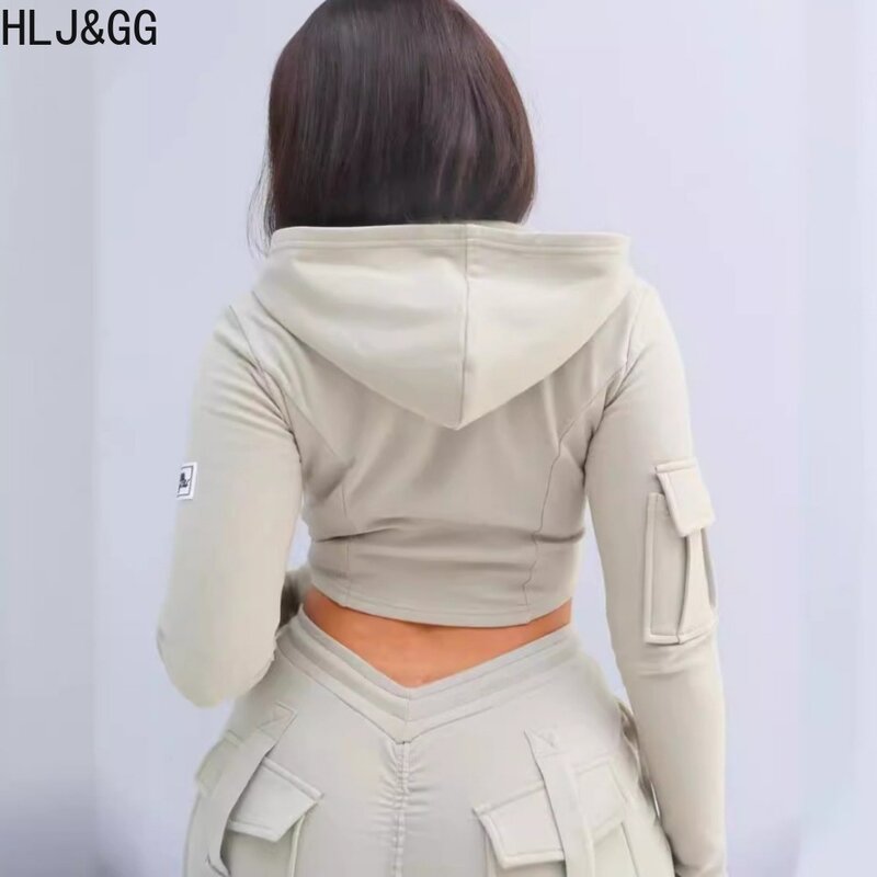 HLJ&GG Casual Solid Sporty Shorts Two Piece Sets Women Hooded Long Sleeve Zipper Crop Top And Shorts Tracksuits Female Outfits