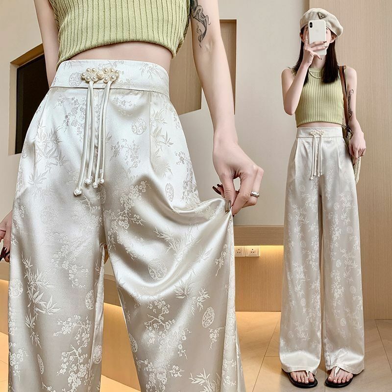 Spodnie w kwiaty zasznurowane fajne spodnie koreański styl spodnie Y2k nowe satynowe proste spodnie damskie lato cienki lodowy jedwab