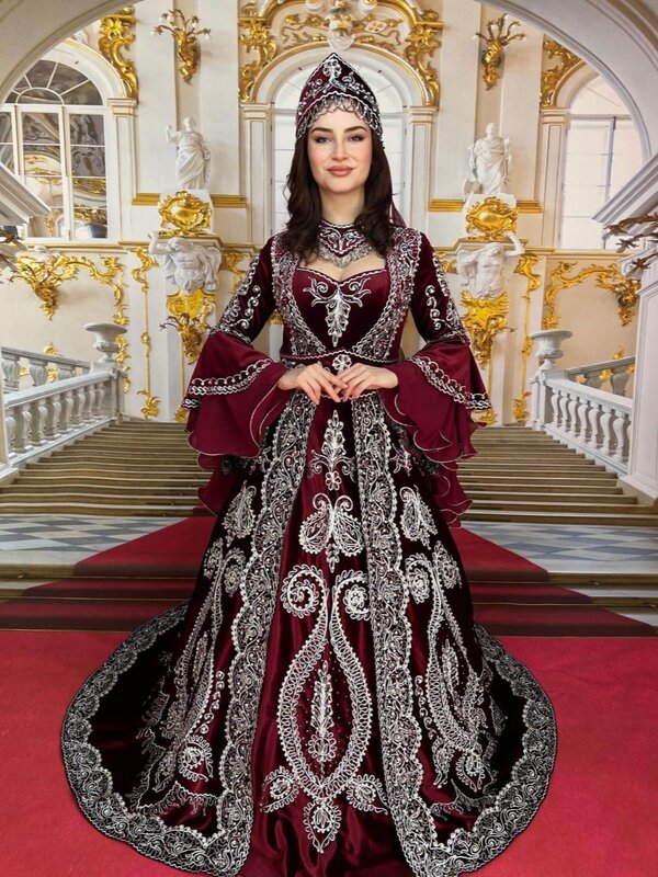 Caftan turc traditionnel fait à la main, robe de soirée perlée, manches longues, grande taille, robe de gala éducative
