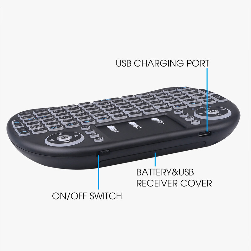 I8 Mini tastiera tastiera Wireless 3 colori retroilluminata 2.4GHz inglese russo Air Mouse con telecomando Touchpad per PC Laptop