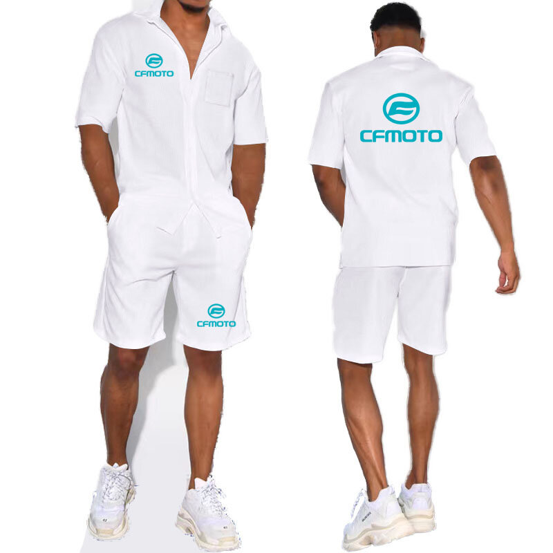 Комплект мужской рубашки в стиле Харадзюку, Классическая простая пляжная сорочка и шорты из хлопка и льна, повседневный комплект из 2 предметов, Cfmoto