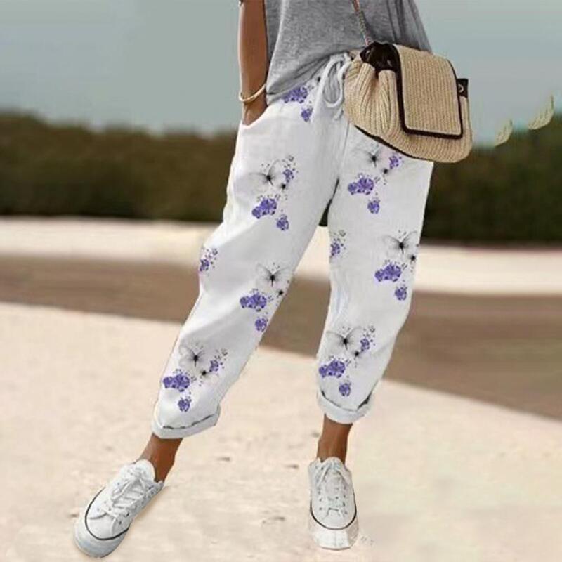 Calças estampadas flores listradas femininas, bolsos com elástico na cintura, calças retrô soltas, calças compridas de streetwear