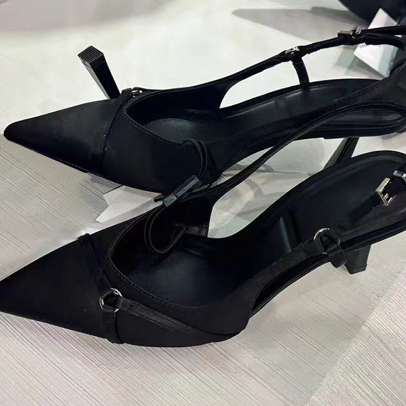 TRAF-Talons mi-hauts pointus pour femmes, escarpins à petit anneau en métal, sandales noires, chaussures pour femmes, nouvelle mode, 2024