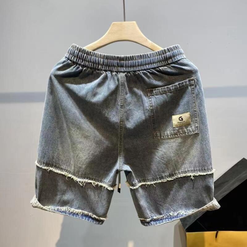 Men's Denim Shorts Trousers Casual Elastic Waist Hole Stretch Korean Fashion Denim Short Pants jeans for men