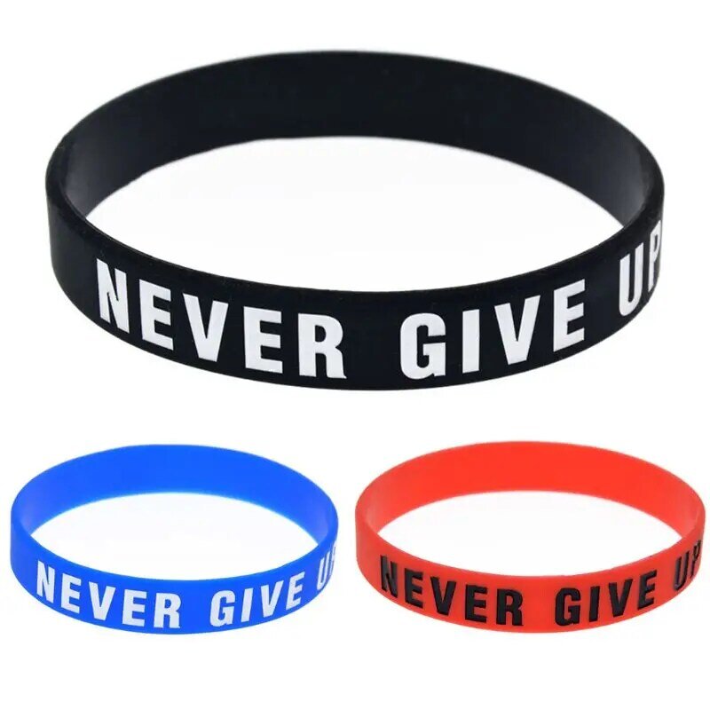 Motivations-Silikon-Armband neuen Stil „Never Give Up“, farbiger Schriftzug, inspirierendes Armband, elastisches