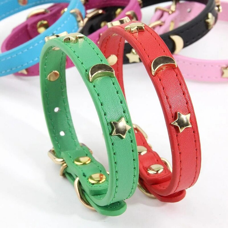 Cute Cat Collar Soft Leather Pet Collars For Small Dog Kitten Puppy Necklace Cat Accessories  Star Moon Rivets Decoration XS-M