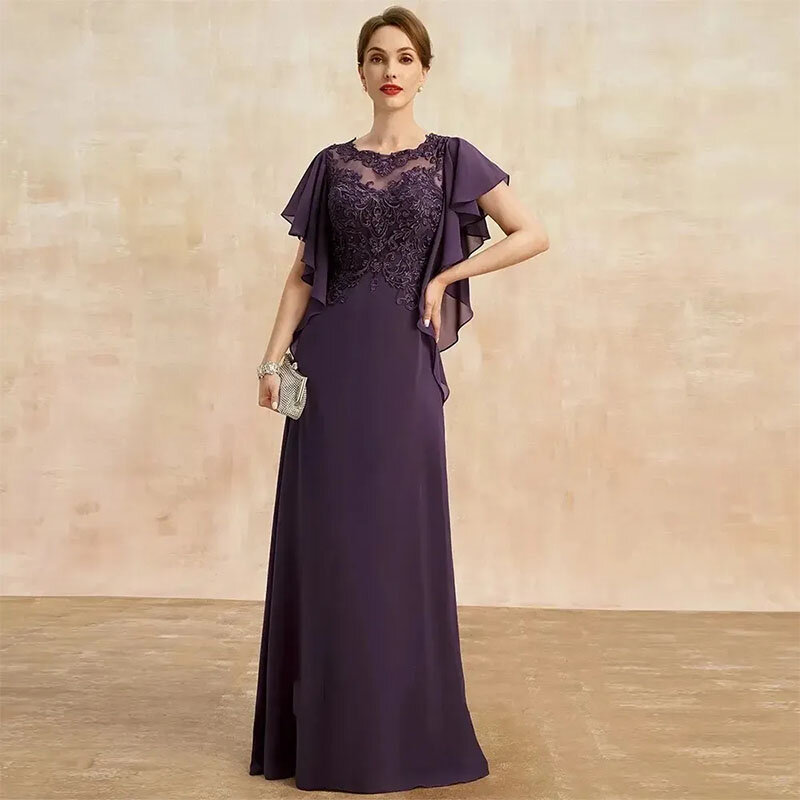 Eleganckie fioletowe winogrona, matka suknia dla panny młodej, koronkowe aplikacje z krótkim rękawem, szyfonowa matka chrzestna, suknie na przyjęcia weselne 2024