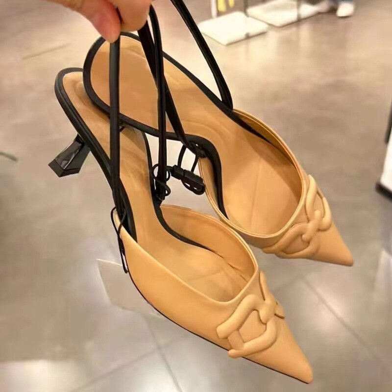 Sandálias de salto alto glamourosas convexas bege para mulheres, sapatos aguçados, nova moda, primavera, 2024