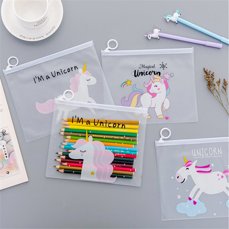 Bolsa de documentos de PVC transparente, carpeta de archivos, organizador de papelería, suministros de regalo, unicornio de dibujos animados Kawaii, leopardo rosa