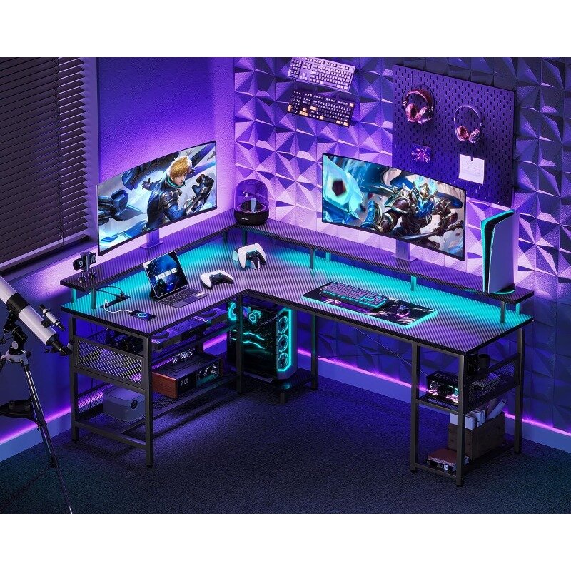 Odk 66 "Gaming Desk mit Steckdose und LED-Leuchten, Spieltisch mit USB-Anschlüssen, reversibler Schreibtisch in L-Form mit Ablage fächern