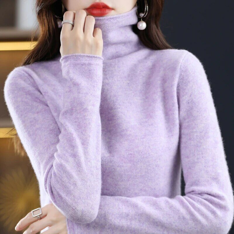 Suéter de caxemira de lã merino feminino, pulôver com gola empilhada, manga comprida, malha, jumper quente, alta qualidade, inverno