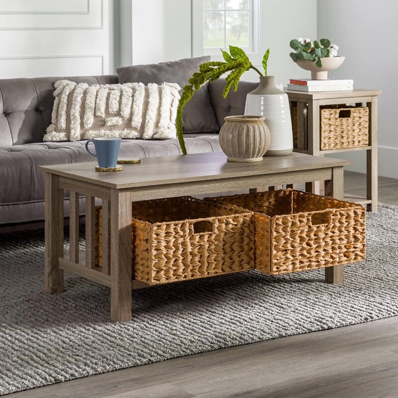 40-дюймовый подъемный кофейный столик в скандинавском стиле, двухуровневый кофейный столик с корзинами из ротанга, из дровяного дерева, бесплатная доставка