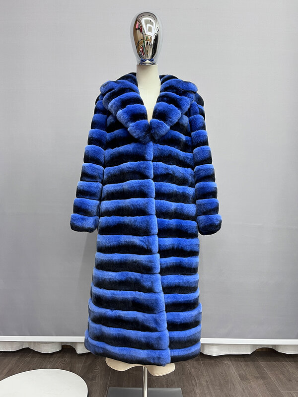 Abrigo de piel Chinchilla para mujer, Chaqueta larga de piel de conejo Rex Real, traje de cuello, abrigo de piel de invierno, chaqueta cálida de lujo, 2023