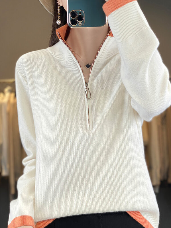 Fashion Women Half-Zipper Mock-neck Pullover Sweater 100% Merino Wool Autumn Winter Casual Warm   Color matching Knitted Jumper