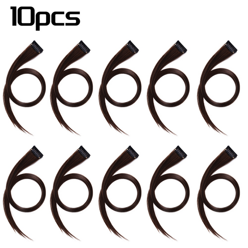 Extensión de cabello resaltado para niña, horquilla larga y recta, recortable, color marrón, 10 unidades