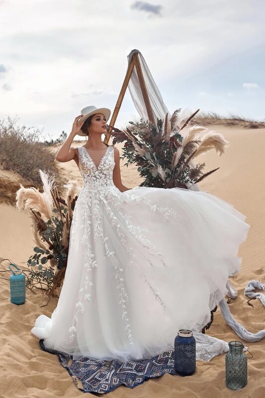 Gaun pernikahan Vintage Bohemia untuk wanita seksi kerah V A-Line jubah pengantin gaun anggun applique renda gaun Vestidos De Novia 2024