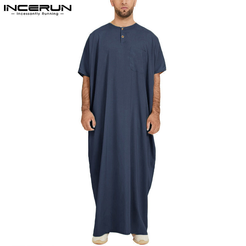 INCERUN-túnica Jubba Thobe para hombre, caftán árabe islámico sólido de manga corta, túnicas Retro sueltas, ropa musulmana de Oriente Medio, talla grande