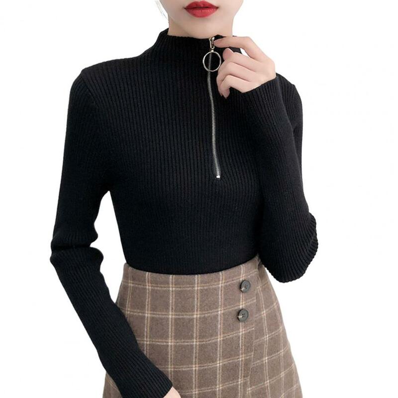 女性用タートルネックセーター,長袖ジッパー付きショートネックセーター,ニット