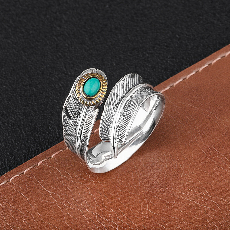 Anillo ajustable de plata de ley S925 para hombres y mujeres, pluma turquesa, tendencia Retro, anillo de dedo índice con incrustaciones personalizadas