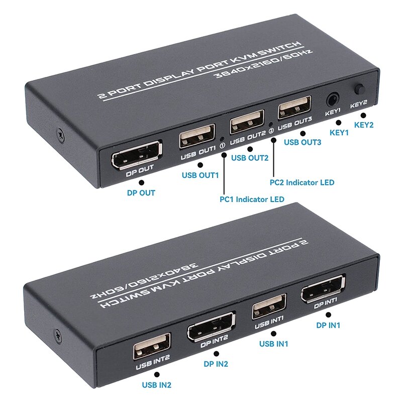Displayport przełącznik KVM, 4K @ 60Hz DP USB, przełącznik dla 2 komputerów, klawiatura, mysz, drukarka i Monitor Ultra HD