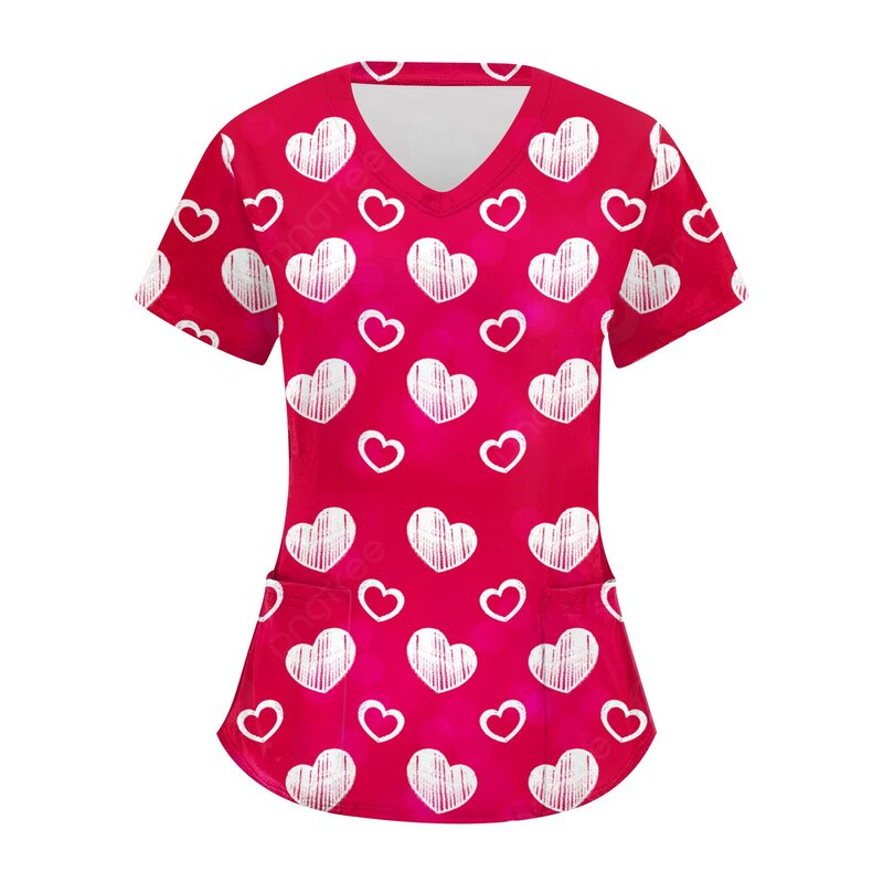 Uniforme de enfermera con corazones para mujer, Tops, Uniformes de manga corta con bolsillos, Uniformes médicos, ropa de enfermería, camisas