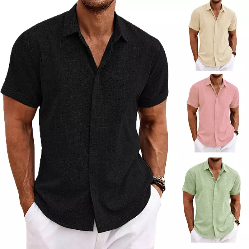 Рубашка мужская с коротким рукавом, хлопково-Льняная блуза с отложным воротником, повседневный пляжный стиль, однотонная, лето