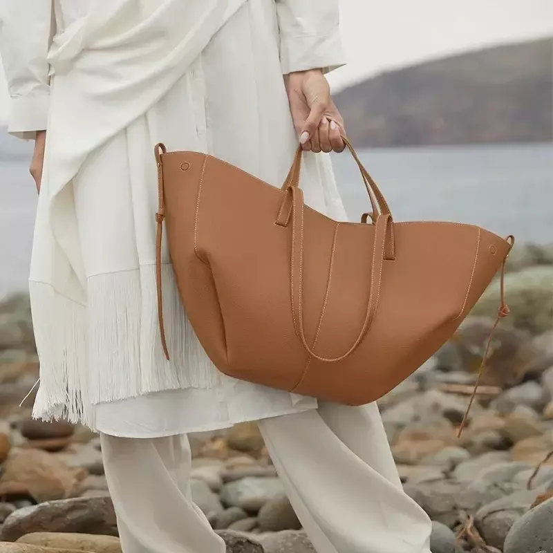 Tas tangan kulit serat mikro wanita, tas bahu kapasitas besar warna murni, tas Tote belanja sederhana untuk wanita