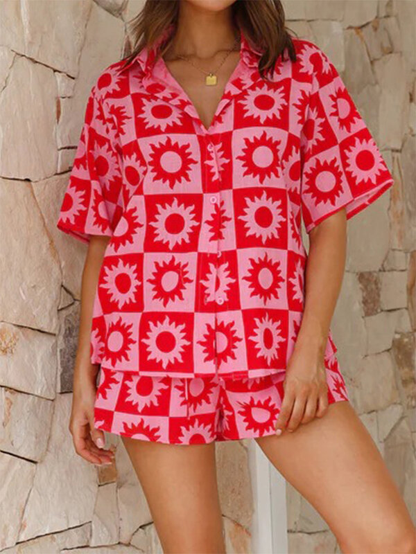 طقم بلوزة هاواي بزهور من قطعتين للنساء ، قميص وشورت بخصر مرن ، زي صيفي للشاطئ