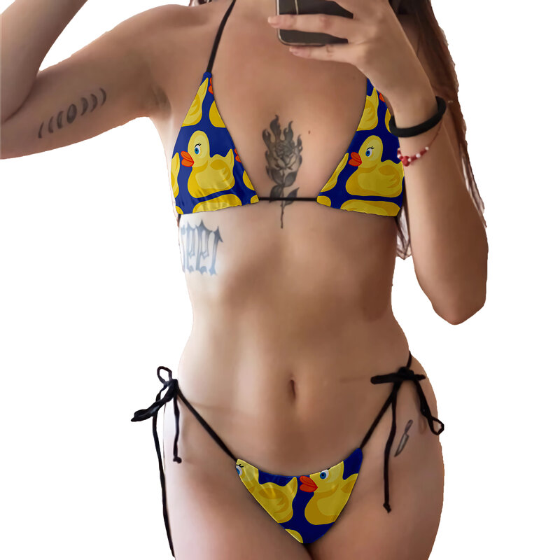 Maillot de bain deux pièces jaune, bikini dos nu, taille basse, sexy, motif de canard de dessin animé, imprimé, plage, surf, vacances