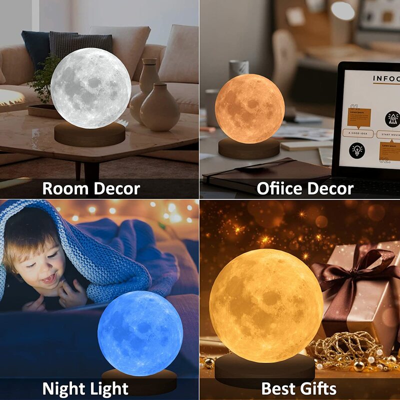 360° Rotation Moon Night Light 3D Atmosphere Bedside Table Lamp Remote Touch Dimming 3 or 16 Colors LED Lights for Kids Gifts