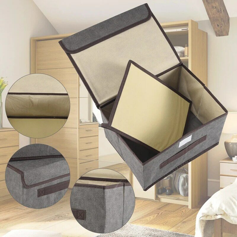 Caixas de armazenamento dobráveis com tampas Cesta de tecido cinza Organizador para Guarda-Roupa, Armário, Prateleira, Pacote 3