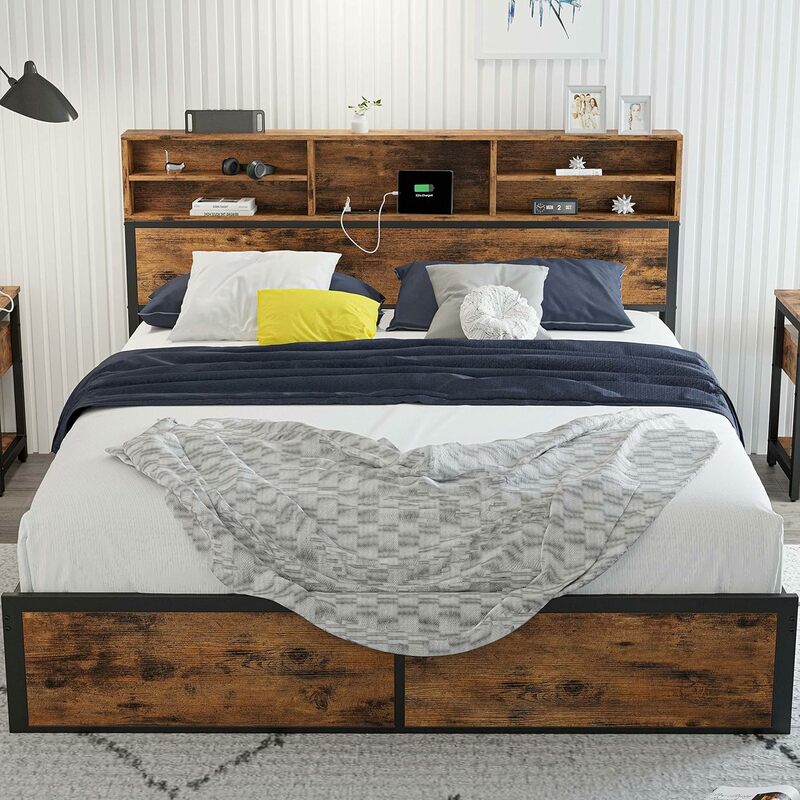Bed Frame with Tall Bookcase Headboard and Charging Station, Solid and Stable Platform Bed, Noise Free, No Box Spring Needed