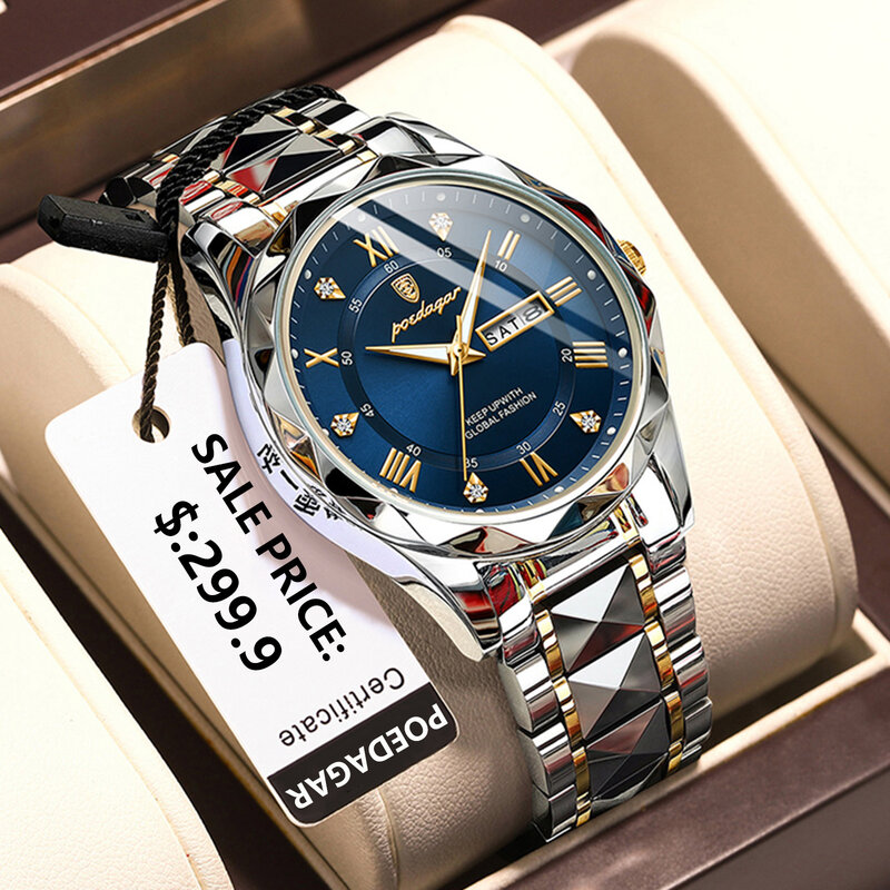 POEDAGAR-reloj deportivo de lujo para hombre, cronógrafo de cuarzo, Luminoso, de acero inoxidable, resistente al agua, con fecha y semana