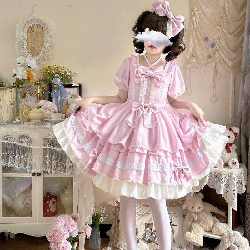 Japanese Sweety Lolita Soft Girly Dress Kawaii Short Sleeve Bow OP Dress Women's Summer Ruffles Tea Party Dresses