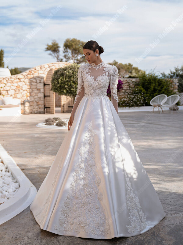 Gaun pengantin wanita A-Line elegan gaun pengantin permukaan Satin cerah populer gaun pengantin Bohemian renda motif bunga Vestido De Novias 2024