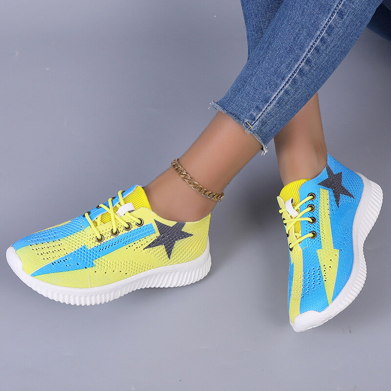 حذاء نسائي مسطح أنيق مختلط الألوان من لوسيفر 2022 حذاء رياضي ذو نعل سميك يسمح بالتهوية حذاء نسائي مبركن شبكي تباع بشبكة