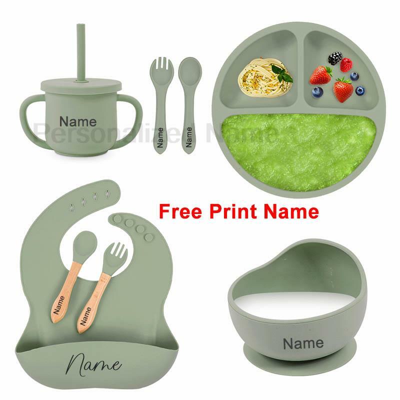 8Pcs Baby Silicone Feeding Set Round Dining Plate Sucker Bowl Dishes For Kids Personalized Name Children's Tableware Straw Cup
