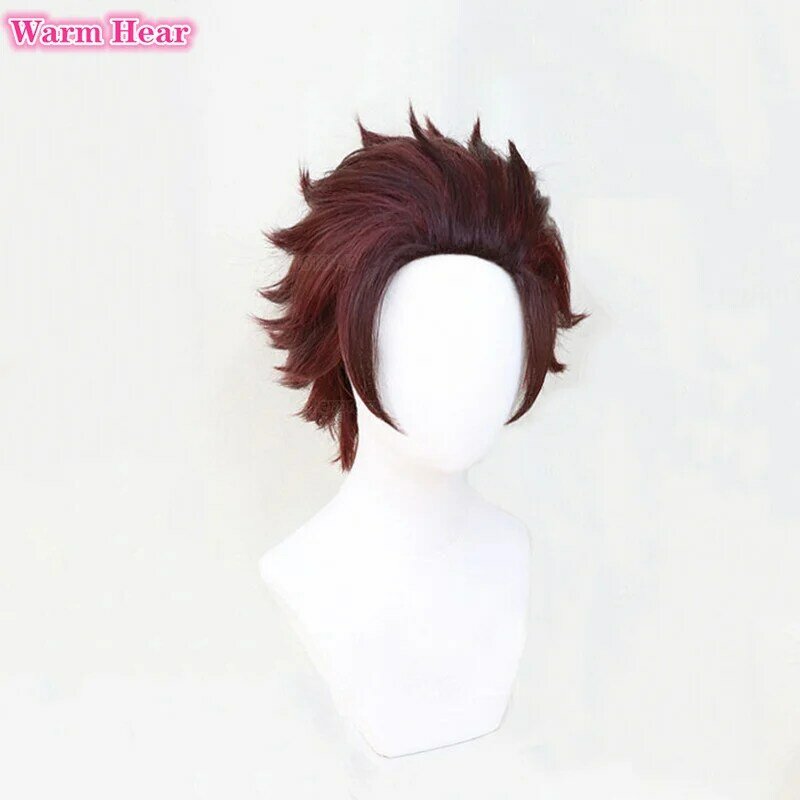 Kamado TanjIrou Cosplay Wig Short 30cm Chestnut Brown Wig With Earrings Heat Resistant Hair Halloween Party Wigs + Free Wig Cap