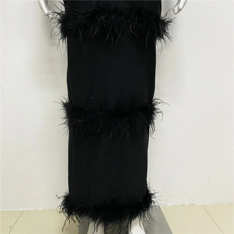 Vestido de vendaje de plumas de diamante con cuello en V Sexy, negro elegante, sin mangas, Bodycon, celebridad, fiesta nocturna