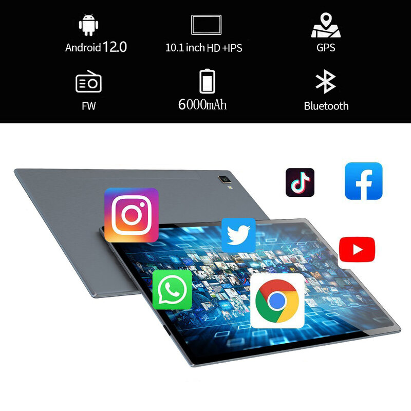 Tablet PC Versão Global, Octa Core, 8GB + 256GB ROM, Google Play, Dual SIM, Dual WiFi, Rede 4G LTE, Android 12, 10.1 ", 2024