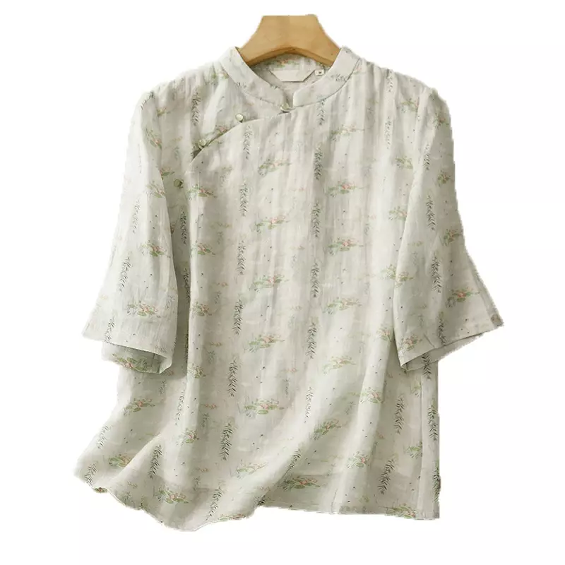 Vintage Women's Shirts Summer Printed Chinese Style Blouses Loose Short Sleeve Women Tops Cotton Linen Clothing