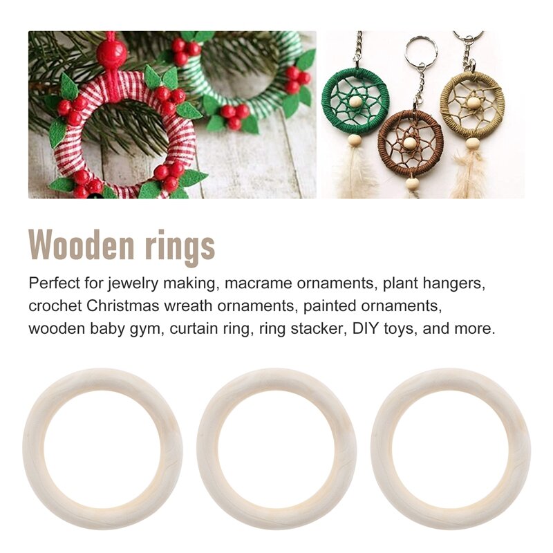 Círculos de madeira para artesanato DIY, anéis de madeira, macramé cabide, ornamentos e jóias fazendo, 70mm, 30pcs
