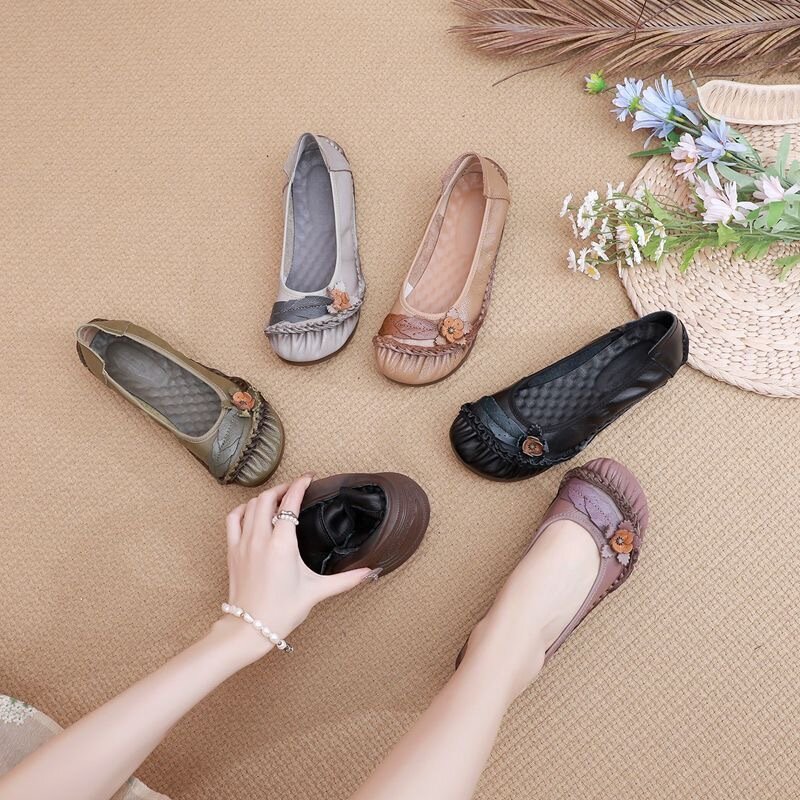 2024 New vintage ballet flats woman floral shallow shoes womens loafer top quality luxury green moccasins lady soft driving shoe