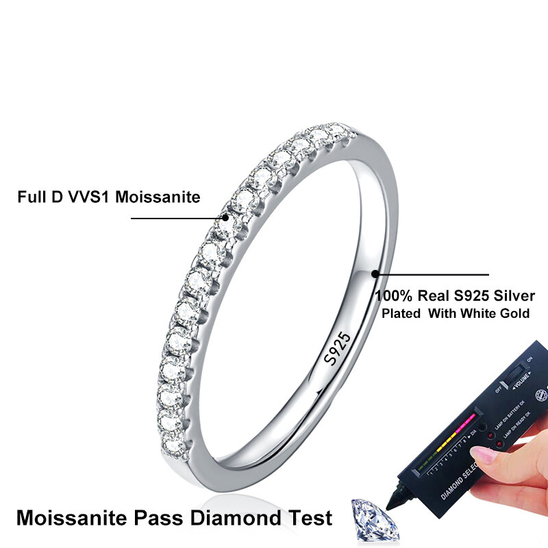 NeeTim Moissanite Ring 925 Sterling Silver with White Gold Plated Full Diamond Eternity Band Engagement Wedding Rings for Women