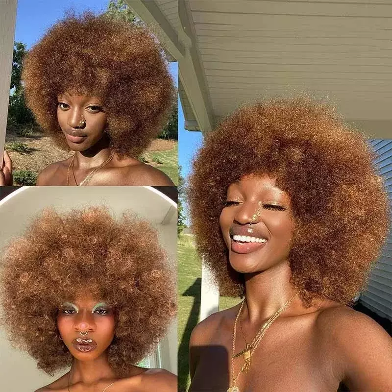 Peruka z kręconych włosów typu Kinky Afro z grzywką krótkie puszyste włosy peruki dla czarnych kobiet syntetyczny Ombre bezklejowy Cosplay naturalna brązowa czarny róż