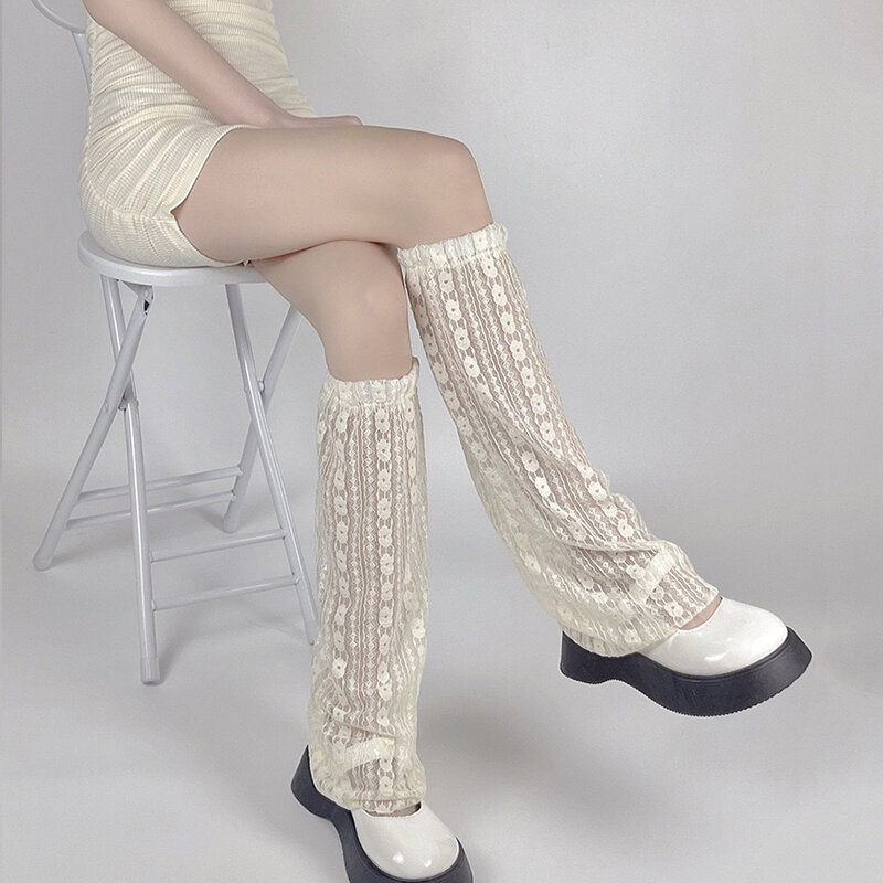 Stoking jaring seksi Motif renda pemanas kaki berkobar kaus kaki penghangat kaki bergaris motif Floral Lolita kaus kaki selutut untuk wanita