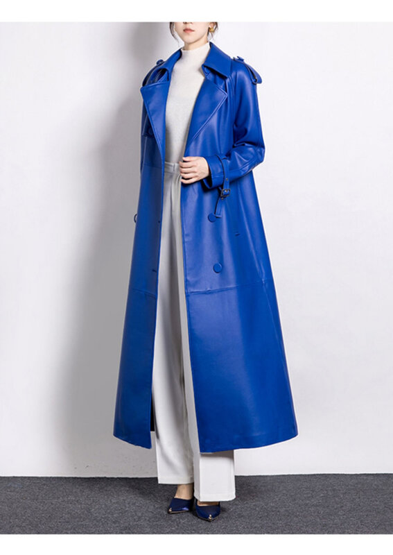 Frühling Herbst extra lange Luxus elegante blaue weiche Pu Leder Trenchcoat für Frauen stilvolle Landebahn europäische Mode