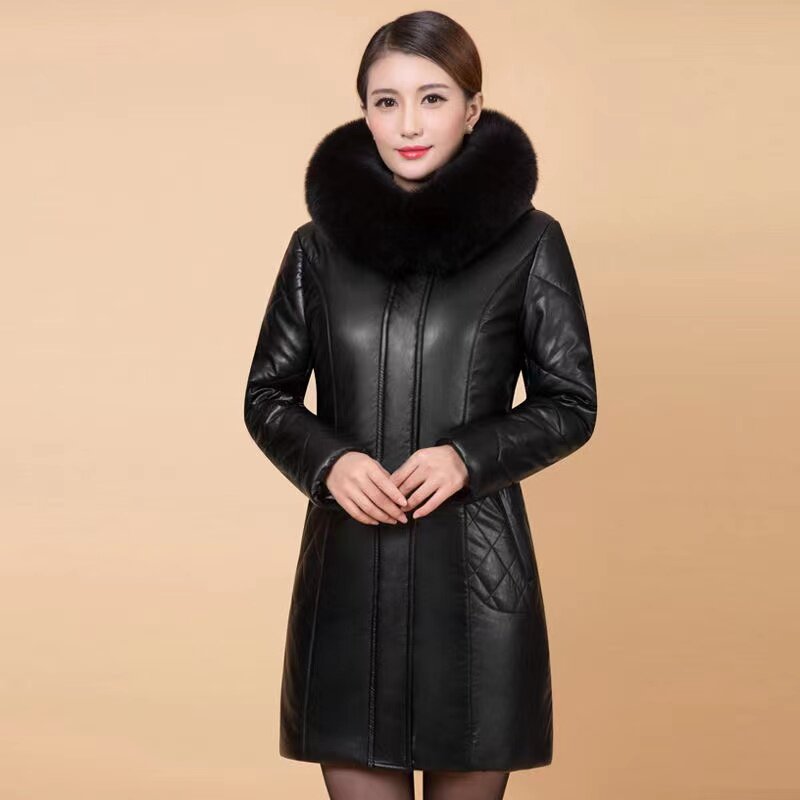 Jaket kulit PU hitam tebal untuk wanita, jaket kulit PU tebal, jaket musim dingin, jaket kulit imitasi katun panjang, mantel parka bertudung, kerah bulu untuk wanita