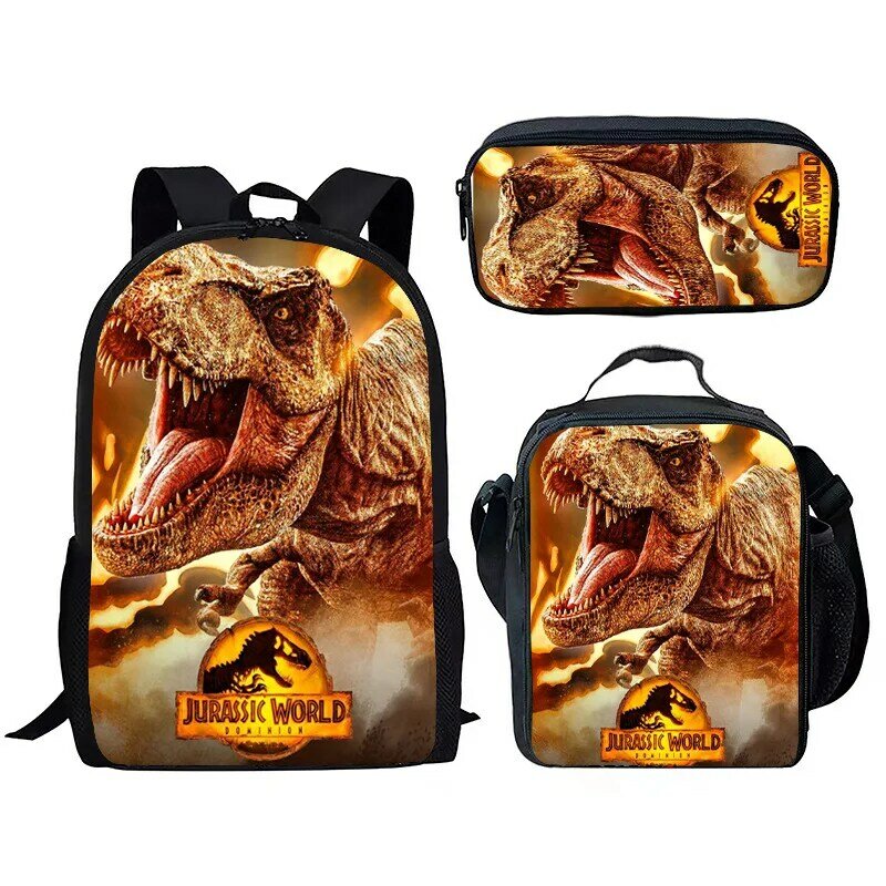 Jurassic World Dinosaur mochila con estampado 3D para adolescentes y hombres, bolsa de almuerzo para portátil, estuche para lápices, Juego de 3 unidades